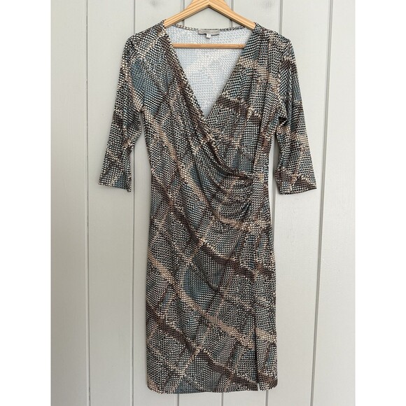 Anatomie Printed Marine Dress S Small Reptile Plaid Green Brown Faux Wrap 3/4 - Picture 1 of 7
